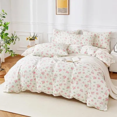 Immagine prodotto di Ibenzoa® Set di lenzuola in cotone da 2 pezzi, 135x200 cm, per bambine, con federa 80x80 cm, motivo floreale rosa, traspirante, morbido, con cerniera