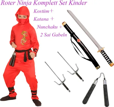 Produktbild von ROTES NINJA KOSTÜM KOMPLETTSET KINDER + Schwerter,  Nunchaku # Gr. 116