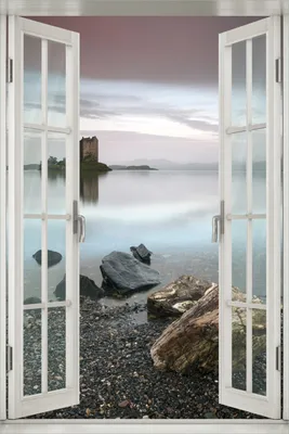 Produktbild von Wallario Poster mit Fenster-Illusion: Schloss in Schottland, Größe: 61 x 91,5 cm (Maxiposter)