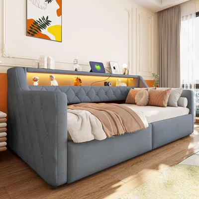 Produktbild von MODFU Tagesbett 90x200 Daybett mit Matratze,Schlafsofa mit hydraulischer Stauraum,Funktionsbett mit LED, Polsterbett aus Leinenbezug mit integrierte Ablage,Grau