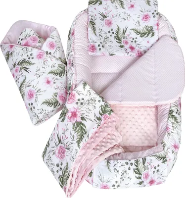 Produktbild von Babynestchen 5tlg Babynest Babydecke Steckkissen Kuschelnest Einschlagdecke Baumwolle 100x60x15 Blument mit Hellrosa Minky