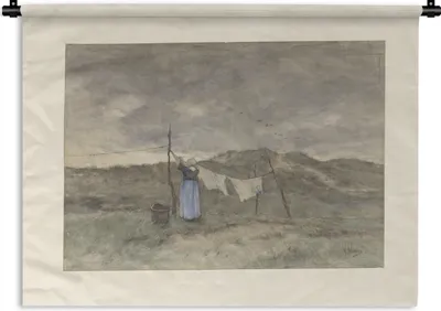 Produktbild von MuchoWow® Wandteppich Wandbehang Frau auf einer Wäscheleine in den Dünen - Gemälde von Anton Mauve 120x90 cm Tapisserie Dekoration Wandtuch - Wohnen - Aufhänger für die Wand