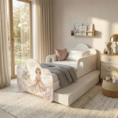 Produktbild von Happy Babies Novula Kinderbett mit Rausfallschutz Junge 140x70 Bett für Kinderzimmer mit Schublade Matratze Einzelbett, Für ein Mädchen, Prinzess