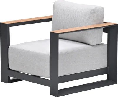 A single outdoor lounge chair with gray cushions and wooden armrests on a white background.
