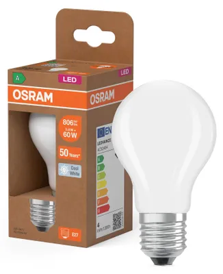 Productafbeelding van LED lamp A60 E27, 3,8W = 60W, 806lm, 4000K, neutraal wit, 320°, filament, CLASSIC, energiezuinig, Osram. Gloeilamp