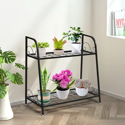 Immagine prodotto di Portafiori a 2 ripiani, scala per fiori in metallo, scaffale a 2 ripiani, scaffale per fiori da appoggio, porta piante per balcone, terrazza, giardino e soggiorno, nero