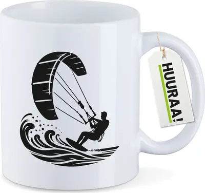 Produktbild von Huuraa Kaffeetasse Kitesurfen Silhouette 330ml Weiß Keramik Kaffeebecher Geschenkidee