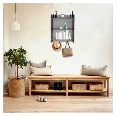 Produktbild von Wandregal Herz Hängeregal Wandgarderobe Regal Shabby Chic Landhaus Wandboard Bilderrahmenleiste für Deko und Wohnaccessoires aus Holz Küche Wohnzimmer Schlafzimmer | L x B x H 9 x 38,5 x 48,5 cm Grau