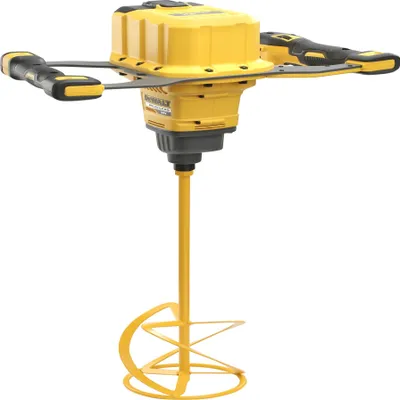 A yellow and black DeWALT cordless mixer with a mixing paddle attachment, shown against a white background.
