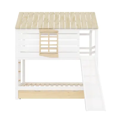 Produktbild von Merax Haus-Etagenbett 90x200 mit Ausziehbett, Kinderbett mit Rutsche und 2 Schubladen, Holz Jugendbett für 3 Kinder, Stockbett, Hochbett, Weiß+Natur
