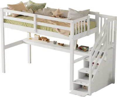 Produktbild von Hochbett mit Schreibtisch, Lattenrost und Treppe, 90x200 cm, Kinderbett mit Rausfallschutz, Jugendbett, Einzelbett, Holzbett