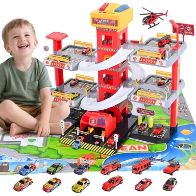Imagen del producto de Estacionamiento para juguetes: 5 niveles, 12 coches, 1 helicóptero, camión de bomberos con ascensor, luces y sonido, ideal para niños