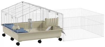 Zdjęcie produktu dla Klatka dla małych zwierząt - dwupoziomowa klatka z balkonem - rampa - miska na jedzenie - butelka na wodę - dla królików, świnek morskich, chomików - kolor khaki