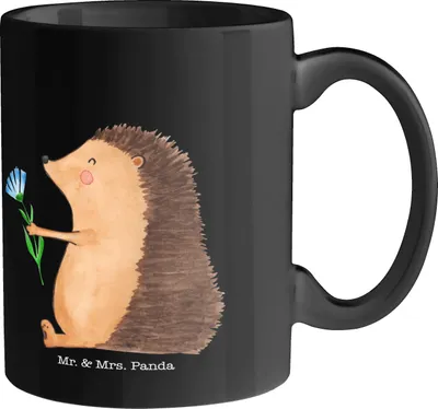 Produktbild von Mr. & Mrs. Panda Tasse Igel Blumen - Schwarz - Geschenk, Gute Laune, Geschenktasse, Teetasse, Krankheit, Kaffeebecher, Genesungswünsche, Krankenhaus, Kaffeetasse, Besuch