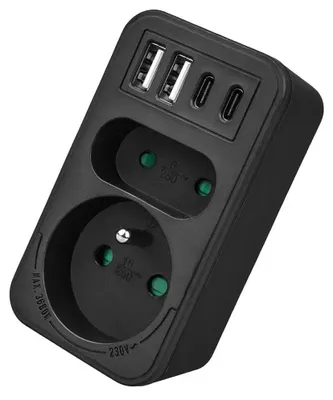 Productafbeelding van Maclean stopcontactverdeler met 2 stopcontacten, 4 USB-poorten: 2x USB-A, 2x USB-C met PD (Power Delivery) 20W, 1x 16A en 1x 6A. Model: MCE249
