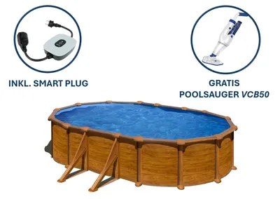 Produktbild von GRE Ovaler Stahlwandpool mit Holzoptik KITPROV618WO – 610 x 375 x 132 cm, Komplettset + GRATIS Elektrischer Poolreiniger VCB50