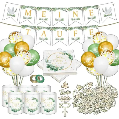 Imagen del producto de Decoraciones para el bautizo: globos, servilletas, velas de madera, adornos