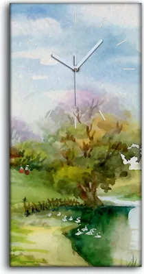 Produktbild von Wandkunst Leinwand Bild Uhr 30x60 Gemälde Landschaft Bäume Himmel Wolken - weiße Hände