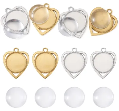 Herz-Anhänger-Schalen, 4 Stück, Edelstahl, mit Glas-Cabochons