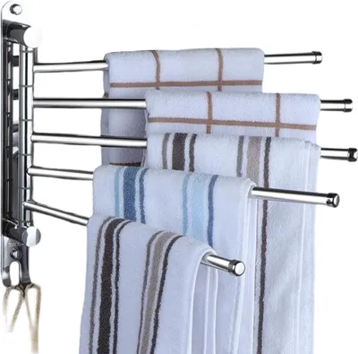 Produktbild von Wandmontierter Handtuchhalter aus silberfarbenem Edelstahl mit Schwenkstangen, Handtuchablage und Organizer für Badezimmer