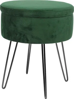 Produktbild von Weicher runder Aufbewahrungs-Fußhocker aus Samt mit schwarzen Haarnadelbeinen – Grün
