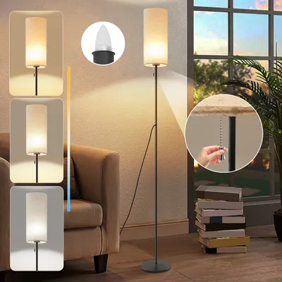 A collage showing a floor lamp in a living room setting, with close-ups of its features and different lighting options.