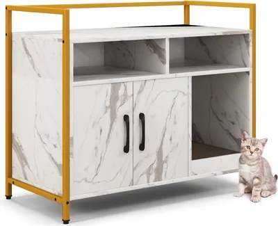 Image de Meuble à litière pour chat avec double porte et griffoir