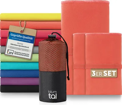 Produktbild von Blumtal Mikrofaser Handtuch Set 3-teilig (1x 180x90 cm + 2x 80x40 cm), schnelltrocknend, saugstark, ideal als Reisehandtuch, Gym Towel & Strandtuch,Hellrot