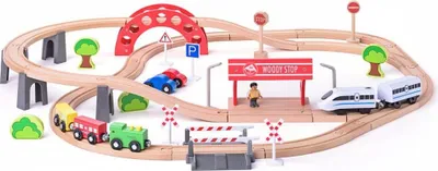 Obrázek produktu pro WOODY Vláčkodráha s elektrickou mašinkou a viaduktem, 60 dílů