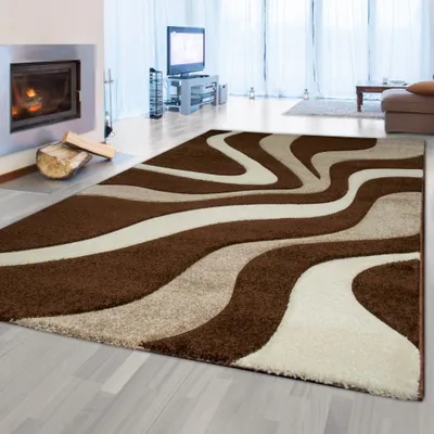 Zdjęcie produktu dla Dywan do salonu z falami | łatwy w pielęgnacji | w kolorze brązowo-białym rozmiar - 60 x 110 cm
