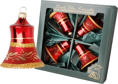 Produktbild von Mundgeblasene, handbemalte Glas Christbaumschmuck Glocke, rot, 7 cm