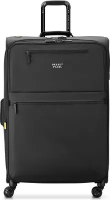 A black Delsey Paris trolley suitcase is shown from the front.