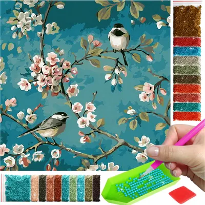 Produktbild von ARTULIO - Diamond Painting Set - Vögel auf blühenden Zweigen - 30 x 30 cm - Crystal Art, Bilder DIY, Home Wand Deko