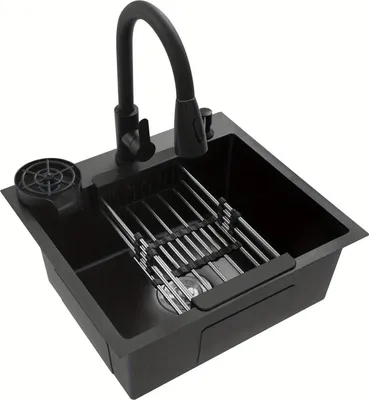 Image de Évier industriel - Cuve simple - 50 x 45 cm - Acier inoxydable - Robinetterie extractible - Distributeur de savon - Rince-verres - Noir