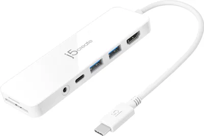 Produktbild von j5create JCD373-N USB-C® Lleichter Multi Adapter, USB 3.2 Gen 1 (3.1 Gen 1) Type-C, 60 W, Weiß, MicroSD (TransFlash), SD, 4K Ultra HD, 30 Hz