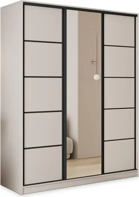Produktbild von Masseno Schiebetürenschrank PINA 150/205/58 cm Kleiderschrank mit 4 Schubladen Schlafzimmer Schrank 3-türig mit Spiegel Kaschmir