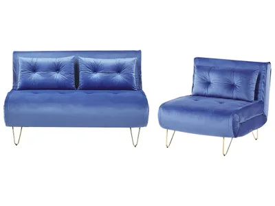 Produktbild von BELIANI Sofa 3- Sitzer Set Marineblau Samtstoff Sitzgruppe Schlaffunktion Verstellbare Rückenlehne Zierkissen Modern Wohnzimmer