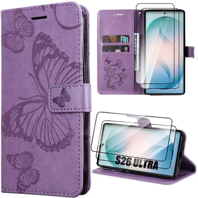 Image de Coque + 2 Verres Trempés pour Samsung Galaxy S26 Ultra, Protection Cuir Synthétique Violet Motif Papillon