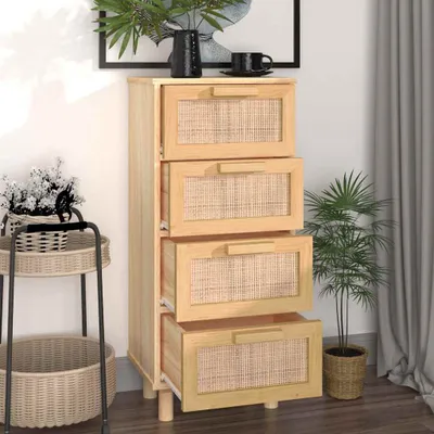 A wooden sideboard with four drawers, each featuring a rattan front, is shown in a room setting.
