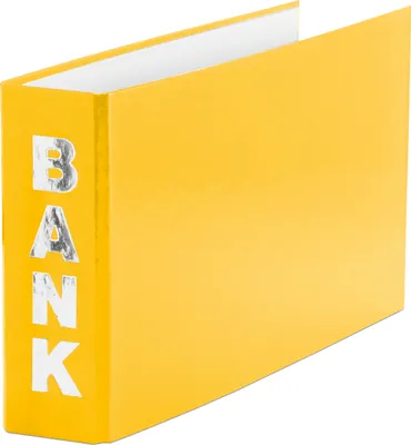A yellow binder with the word BANK printed vertically on its spine.