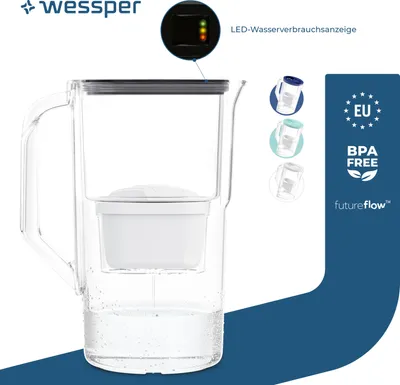 Produktbild von Wessper 2,8 l Wasserfilterkrug mit LED-Zähler Kompatibel mit Brita Maxtra | Set aus 1 Wasserfilterkrug + Wasserfilterkartusche - Schwarz