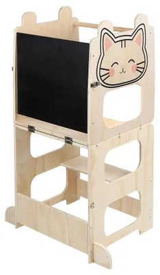 Zdjęcie produktu dla Montessori – wielofunkcyjny stolik edukacyjny 3 w 1 – pomocnik kuchenny dla dzieci: taboret i krzesło. Możliwość przekształcenia w stolik z krzesłem. Regulowana wysokość. Wykonany z drewna. Wzór: kot