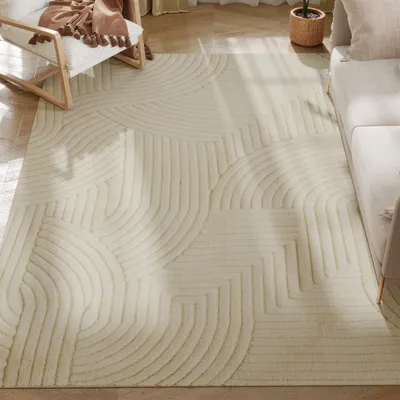Produktbild von Moderner Teppich 230x160 cm Cremeweiß - Kurzflor Wohnzimmerteppich mit Linienmuster - Rutschfest & Pflegeleicht - Gemustert