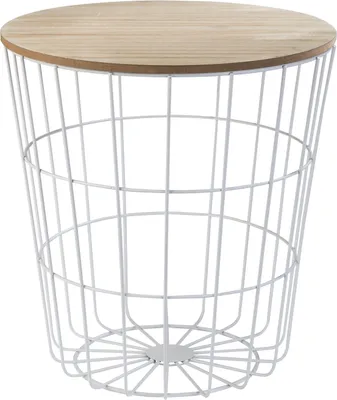 A white wire basket table with a wooden top.