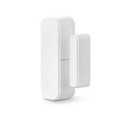 A white smart home window and door sensor is shown against a white background.