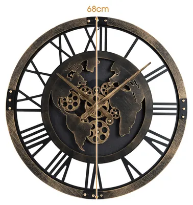 Produktbild von COSTWAY Große Wanduhr, 68 cm Zahnraduhr mit Weltkarte&beweglichen, Zahnrädern, dekorative Metalluhr, batteriebetriebene Wanddekoration für Küche Braun