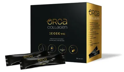 Obrázek produktu pro "Orca Collagen 10000 mg – hydrolyzovaný kolagen + kyselina hyaluronová, vitamín C, biotin a zinek – příchuť lesní plody – 30 sáčků"