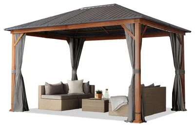 Obrázek produktu pro Zahradní altán 3x4 m ve vzhledu dřeva - Hardtop ocelová střecha - vč. 4 závěsů - champagne