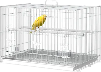 Produktbild von PawHut Vogelkäfig, 60 x 41 x 41 cm, Metallvoliere mit Futterspendern, 2 Sitzstangen, 3 Türen und Tragegriff für kleine Vögel, Kanarienvögel, Sittiche, Weiß