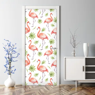 Produktbild von Dekorative Türtattoo selbstklebend Tapete Tür Tattoo Aufkleber Blätter und Flamingo 85 x 200 cm